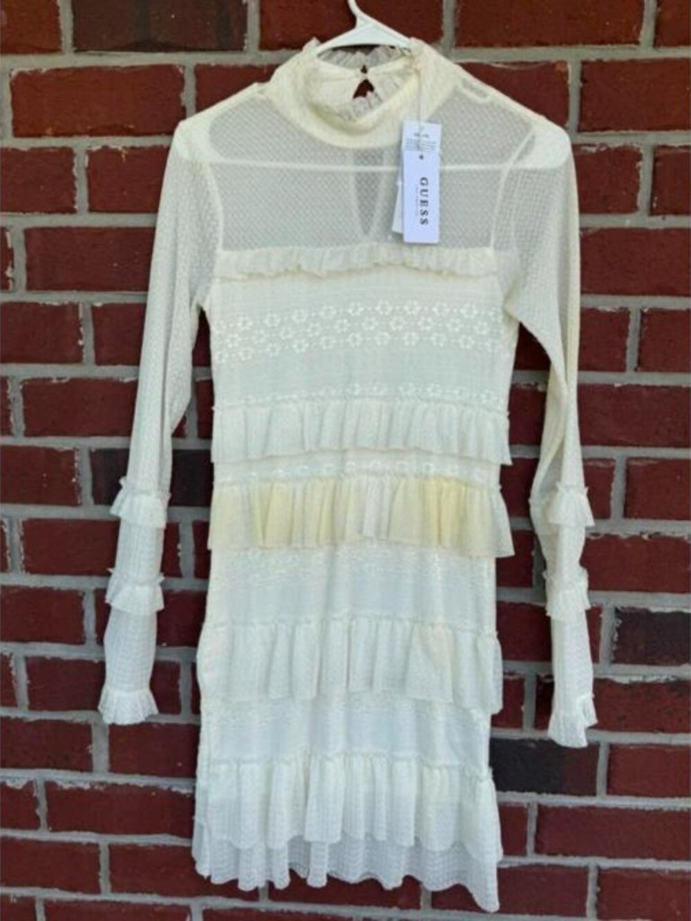Guess Ivory Lace Tiered Ruffle Mock Neck Long Sleeve Dress XS NWT